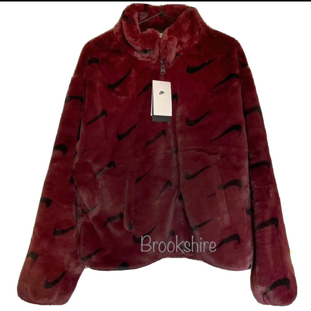 Nike Sportswear Printed Faux Fur Jacket Burgundy DX6416-652 Size 1X Loose Fit
